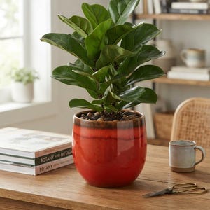 May include: A fiddle leaf fig plant with large, glossy, dark green, violin-shaped leaves potted in a round, glazed ceramic planter. The planter features a vibrant red base that transitions into a dark brown, drip-style rim at the top.