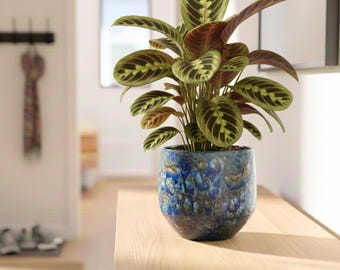 Handmade Blue Marble Ceramic Plant Pot, Harris Artisan Planter, Multiple Sizes, (D16cm-d25cm) Housewarming Gift