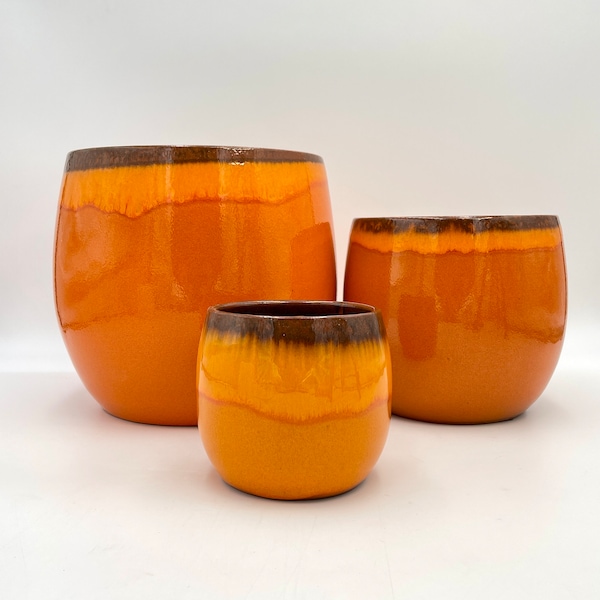Handmade Orange XL Ceramic Plant Pot: Charlotte Orange Retro Indoor Planter, (D16cm-D33cm)