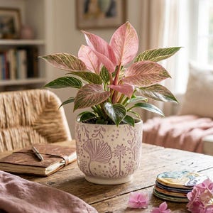 May include: A Philodendron Birkin plant with variegated pink and green leaves potted in a cream-coloured ceramic planter. The planter features a debossed botanical pattern of ginkgo leaves and floral stems in a soft purple hue around the exterior.