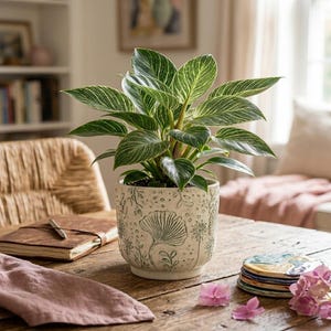 May include: A Philodendron Birkin houseplant with dark green, pointed leaves featuring distinct white pinstripes, potted in a cream-coloured ceramic planter decorated with embossed botanical patterns including ginkgo leaves and small floral motifs.