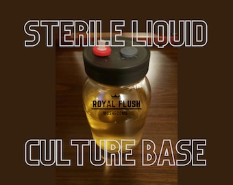 May include: A clear glass jar with a black lid and two small, round, colored caps. The jar contains a yellow liquid and has a label that reads "Royal Flush Mushrooms". The text "Sterile Liquid Culture Base" is written in white letters on a brown background.