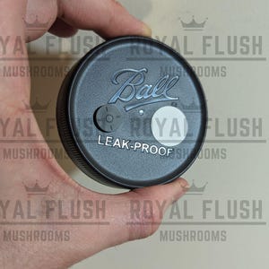Puede incluir: Una tapa de tarro de plástico negro con el texto "Ball" y "Leak-Proof" impreso en ella. La tapa tiene una pegatina blanca con la palabra "Royal" en ella.