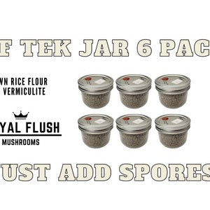 Puede incluir: Seis tarros de vidrio transparentes con tapas plateadas llenos de harina de arroz integral y vermiculita. Los tarros están etiquetados con "PF TEK JAR 6 PACK". También se puede ver el texto "BROWN RICE FLOUR AND VERMICULITE". Debajo de los tarros hay un logotipo de "ROYAL FLUSH MUSHROOMS". El texto "JUST ADD SPORES!" está en la parte inferior de la imagen.