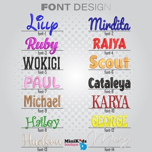 May include: A graphic design chart with 14 different fonts displayed in various colors. Each font is labeled with a name and a font number. The chart is titled "FONT DESIGN".