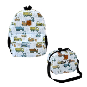 Kids Backpack and Lunchbox Set - Lunch Bag, Truck Book Bag, Boys School Bag, Embroidered, Personalized, Monogrammed