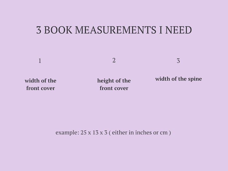 May include: Diagram showing three measurements needed for a book: width of the front cover, height of the front cover, and width of the spine. Example measurements are given in inches.