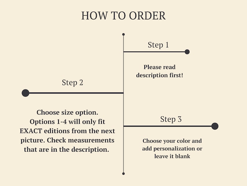 May include: A beige graphic with the text "HOW TO ORDER" and numbered steps. Step 1: "Please read description first!" Step 2: "Choose size option." Step 3: "Choose your color and add personalization or leave it blank."