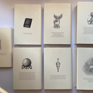 May include: A collection of book covers with illustrations and text. The covers feature drawings of a book, a deer, a sphinx-like creature, a crystal ball, a potion bottle, and an archway. The illustrations are in black and white on a cream-colored background.