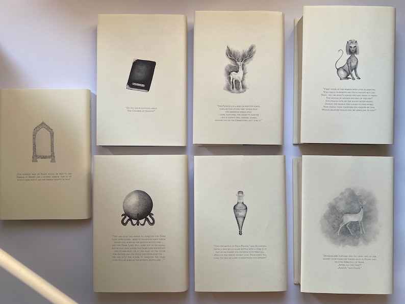 May include: A collection of book covers with illustrations and text. The covers feature drawings of a book, a deer, a sphinx-like creature, a crystal ball, a potion bottle, and an archway. The illustrations are in black and white on a cream-colored background.