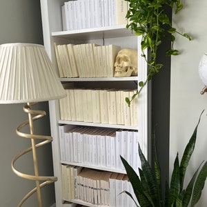 May include: A white bookshelf filled with books, with a white skull figurine on the top shelf. The bookshelf is decorated with plants, including a snake plant and a trailing plant.