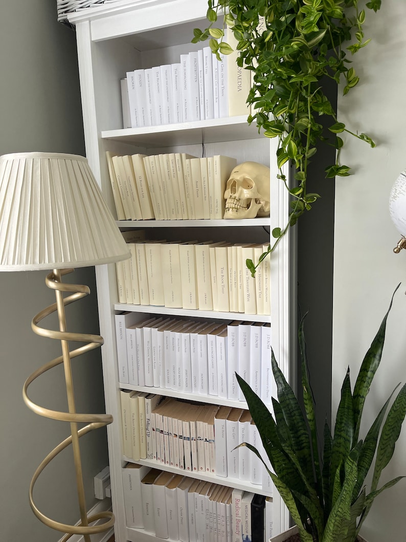 May include: A white bookshelf filled with books, with a white skull figurine on the top shelf. The bookshelf is decorated with plants, including a snake plant and a trailing plant.