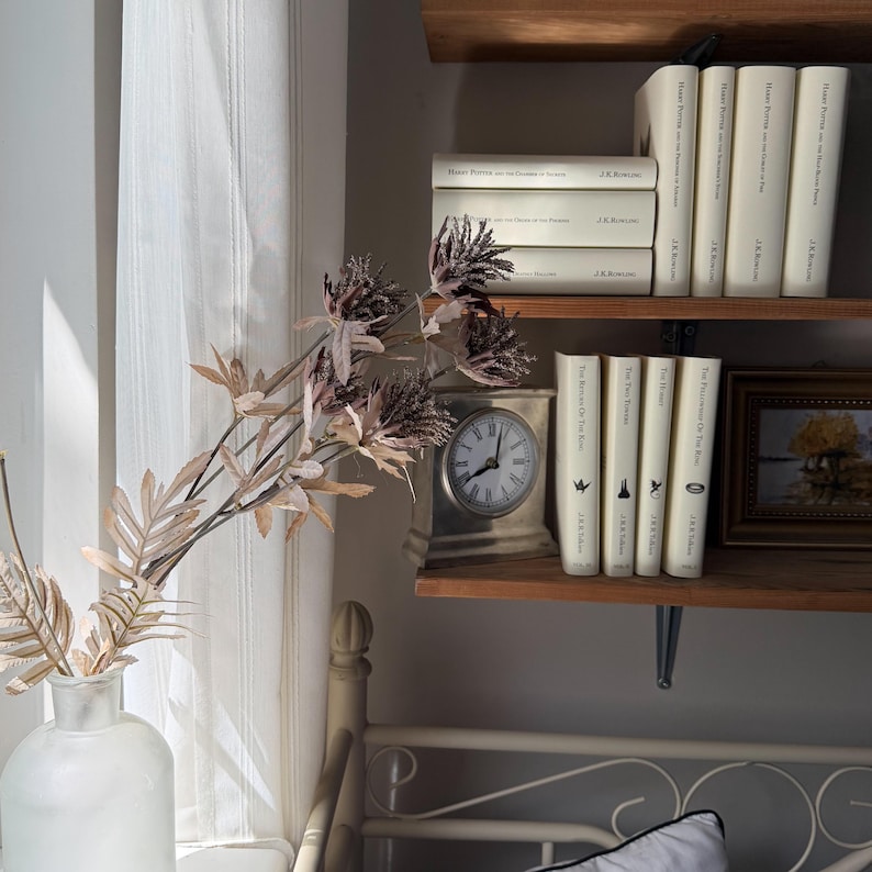 May include: A still life scene featuring a white vase with dried floral stems, a vintage clock, and a collection of books on wooden shelves. The books have white covers and are arranged in stacks. The scene is illuminated by natural light.
