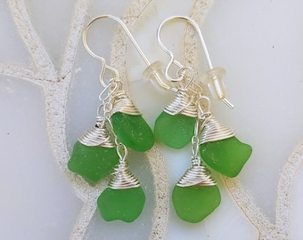 Sterling wrapped sea glass cluster earrings in green