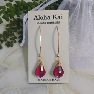 Swarovski crystal fancy cut ruby tone on long gold filled ear wire