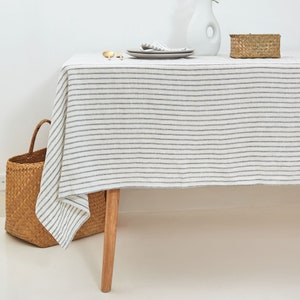 Linen Tablecloth in Ivory stripe. Square, Rectangular, Round and Custom sized table linen available. 100% European Flax. Made in Spain.