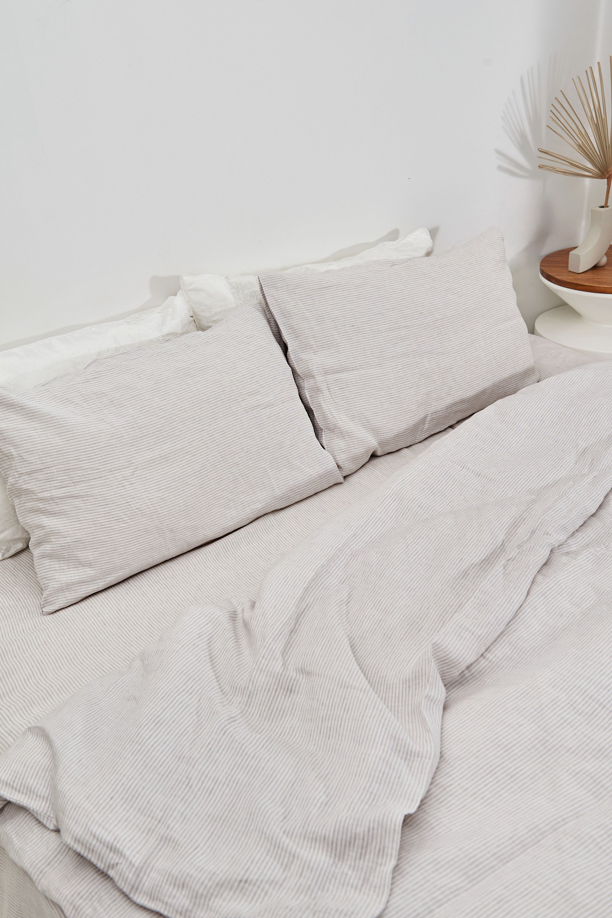 Organic Linen Fitted Sheet in Grey Stripe. Deep Queen Twin Etsy UK