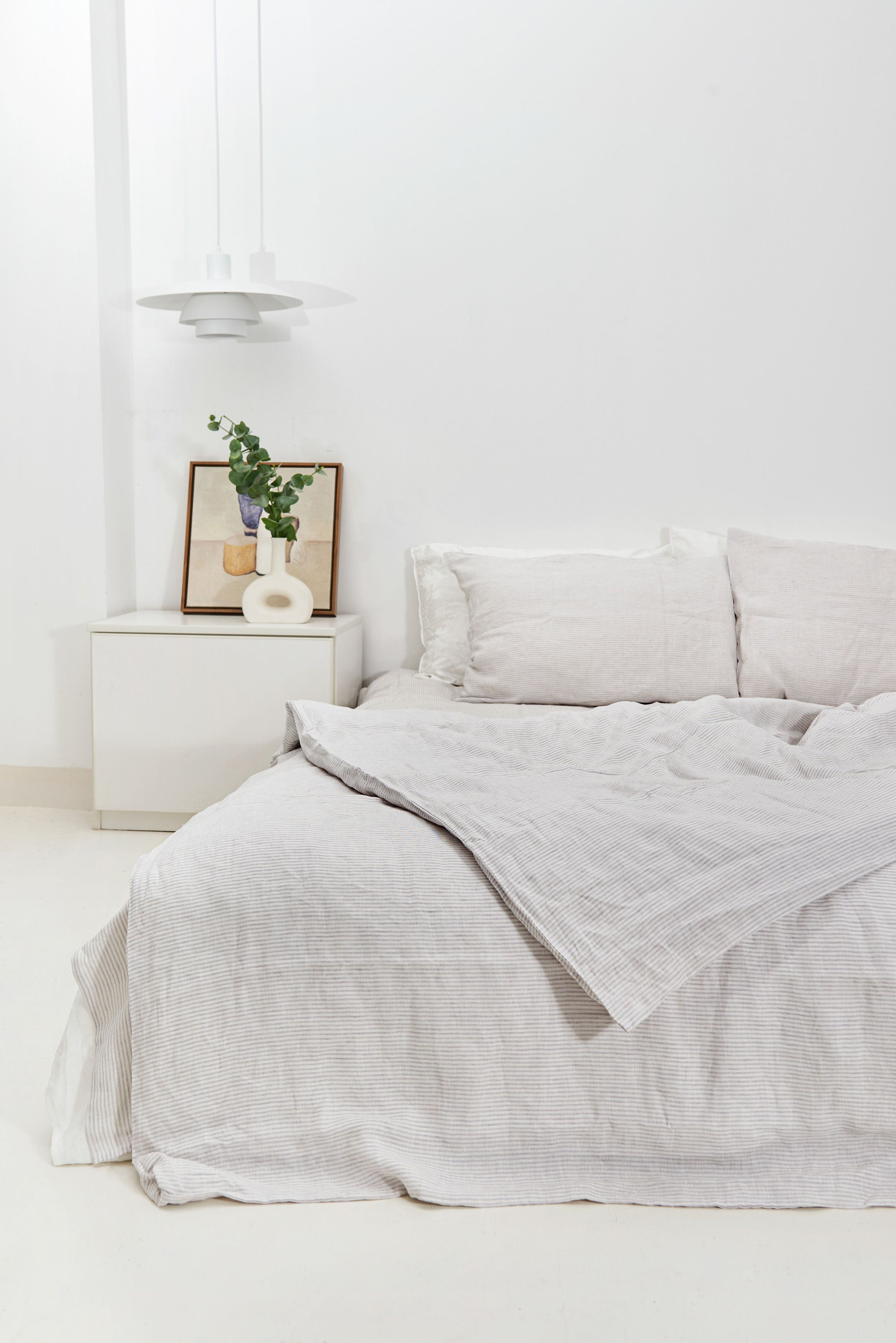 Organic Linen Fitted Sheet in Grey Stripe. Deep Queen Twin Etsy UK