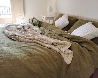 Linen Bedding Set in Khaki green. 1 Duvet Cover + 2 Pillow Cases. 100% European Flax. Queen, King, Custom sizes available. Made in Spain.