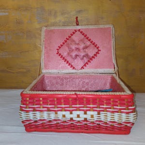Sewing Box Wicker Plastic White and Red/Haberdashery Inside/Vintage 1970s