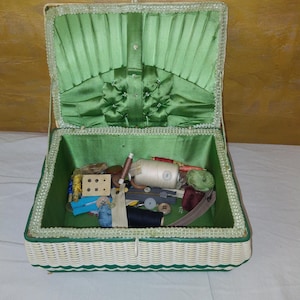 Sewing Box Wicker Plastic White and Green/Haberdashery Inside/Vintage 1970s