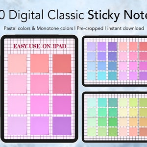 May include: A digital set of 60 classic sticky notes in pastel and monotone colors. The notes are pre-cropped and ready to download. The text "EASY USE ON IPAD" is displayed on the image.