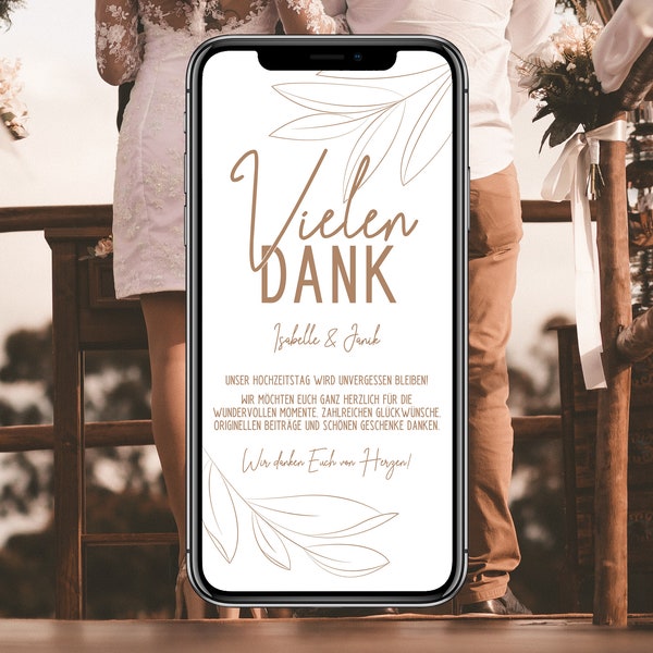 Danksagung Hochzeit digitale Dankeskarte mit eigenen Namen und Wunschtext für das Smartphone z.B. für WhatsApp