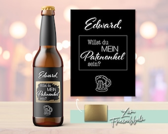 May include: A black and gold beer bottle label with the text "Edward, Willst du MEIN Patenonkel sein?" and a beer mug graphic. The label is on a brown beer bottle.