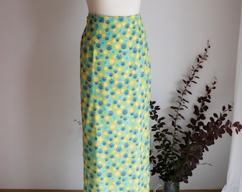 Long Floral Print Wrap Skirt - Staccato Vintage Viscose Skirt - Floral Green Side Bow Tie Summer Skirt - 1990s skirt