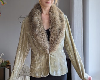 Olive Green Velvet Vintage Jacket - Faux Fur Collar Vintage Jacket - Shiny Velvet Jacket - Penny Lane Short Jacket