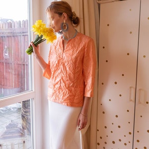 Unieke oranje bijgesneden jas - Elegance blazer met zakken - jaren &#39;90 Dames jas - Glanzende stof top