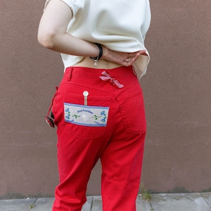 Red Vintage Jeans With Alpine Embroidery - Vintage High Waist Jeans in Red - Italian Vintage Red Jeans with Ethnic Elements