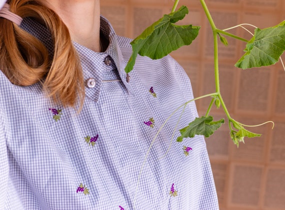 Checkered Ladies Button up Shirt - Blouse With Fl… - image 5