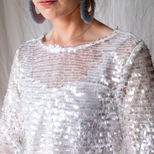 Vintage 90er Top - Größe XS - Silber Pailletten Bluse - Pailletten Top Silber