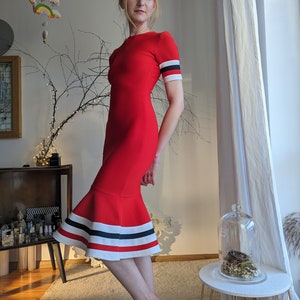 Red Fitted Sexy Midi Dress - Vintage Sexy Dress Size S - Bodycon Red Dress - Unique Striped Dress