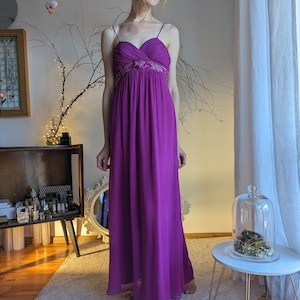 Vintage Long Purple Pure Silk Dress Size S-M - Greek Goddess Prom Dress - Pure Silk Evening Dress
