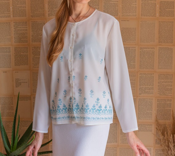 White Chiffon Blouse With Floral Embroidery Look Prin Gem