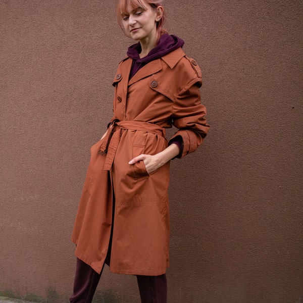 Brick Color Vintage Trench Coat - Unisex Long Trench Coat - Vintage Jaren '70 Trench Coat - Oversized Unisex Trench Coat - Brown Trench Coat