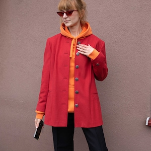 Red Wool Button Down Long Sleeve Blazer - 80s Oversized Blazer - Retro Wool jacket