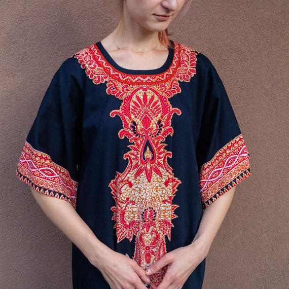 Dark Blue with Red Oriental Motifs Long Cotton Dr… - image 5
