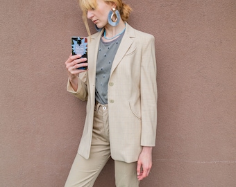 Vintage Deni Cler Button Down Long Sleeve Blazer - 80s Ivory Blazer - Lightweight Suit Jacket Size S - Italian Vintage Blazer