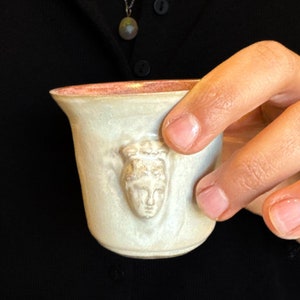 Aphrodite Espresso Cup · Pearlescent & Rose Quartz · Handmade Greek Mythology Relief Ceramic · 100ml