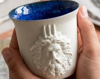 Handmade Poseidon Coffee Mug, Ocean Blue Greek Mythology Ceramic Cup 175ml