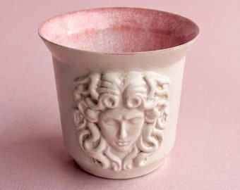 Handmade Stoneware Mug With Medusa Relief – Pink Interior – Greek Mythology Coffee Cup 175ml