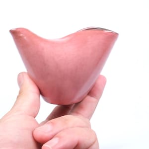 Può includere: Una ciotola in ceramica rosa a forma di cuore con finitura liscia e lucida. La ciotola è tenuta in mano su sfondo bianco. Il design della ciotola presenta una forma unica e asimmetrica.