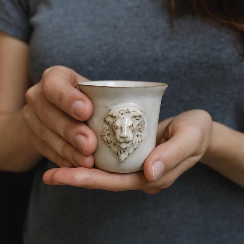 Sculptural Lion Head Espresso Cup, High Relief Handmade Ceramic Mug 100ml image 2