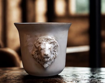 Sculptural Lion Head Espresso Cup, High Relief Handmade Ceramic Mug 100ml