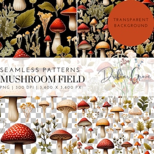 Mushroom Seamless Pattern Digital Paper PNG Instant Download Transparent Background Scrapbooking Paper Crafting Supply