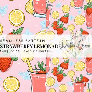 Limonada de fresa Patrón sin costuras Papel digital PNG Descarga instantánea Scrapbooking Papel Crafting Supply