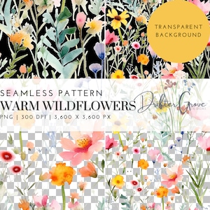 May include: A seamless pattern featuring warm-toned wildflowers in shades of pink, yellow, and orange. The pattern is set against a transparent background, making it ideal for use in digital designs.